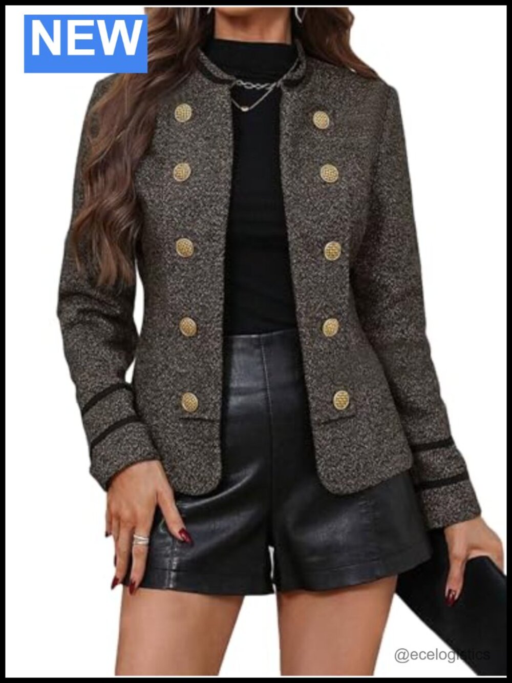 Women's Slim Fit Tweed Open Front Blazer Jacket, Double-Breasted Work Coat